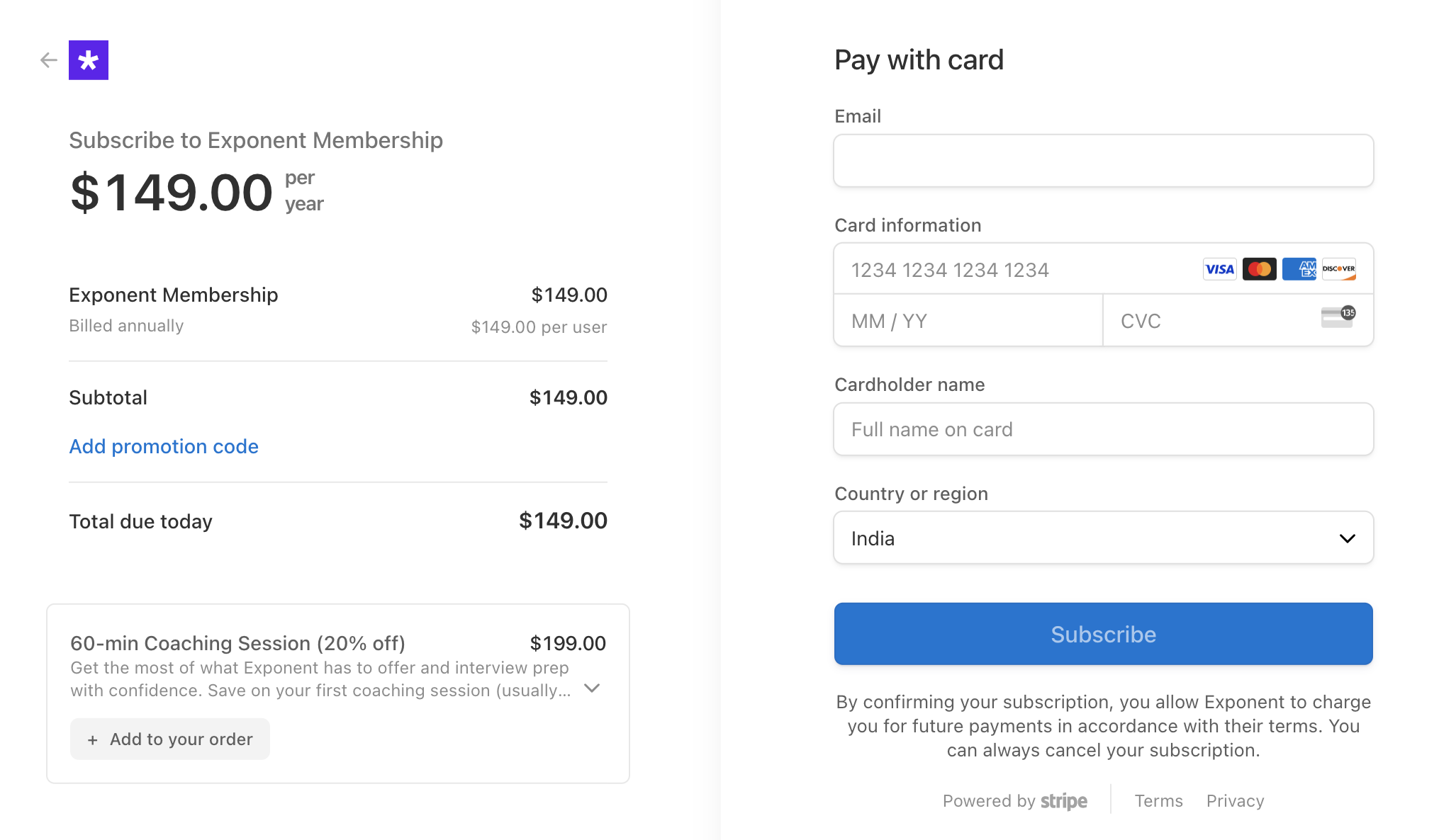 Exponent Promo Code: Exponent Payment page