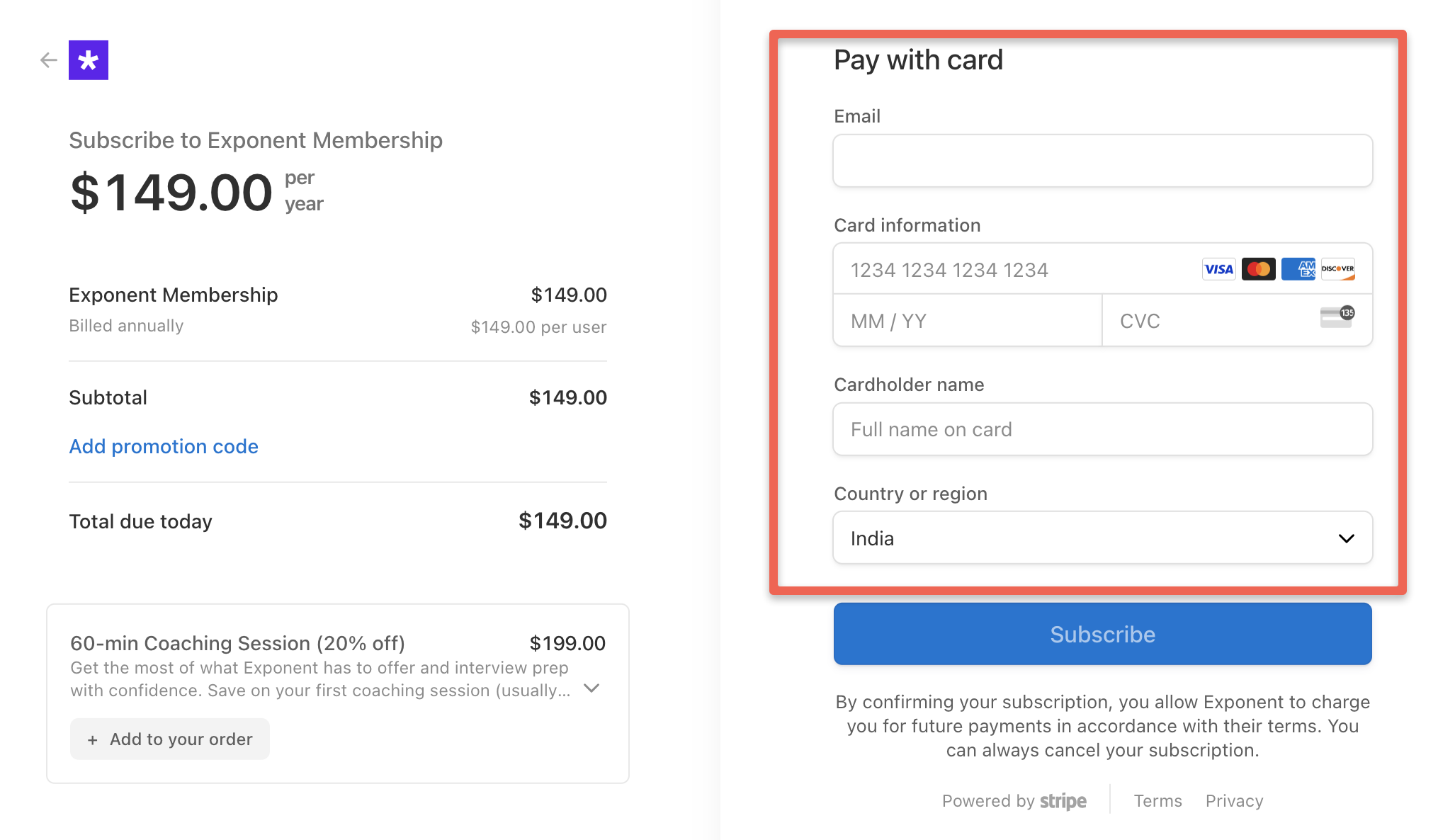 Enter the card details to get exponent with discount
