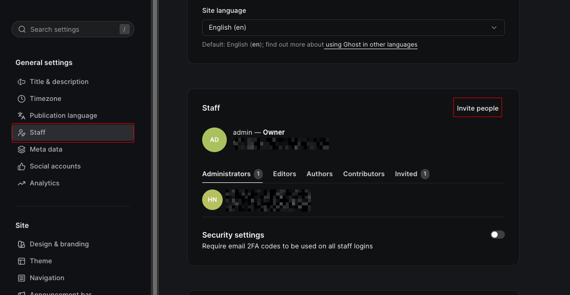 Ghost admin General settings page showing the Staff section with the Invite people button highlighted