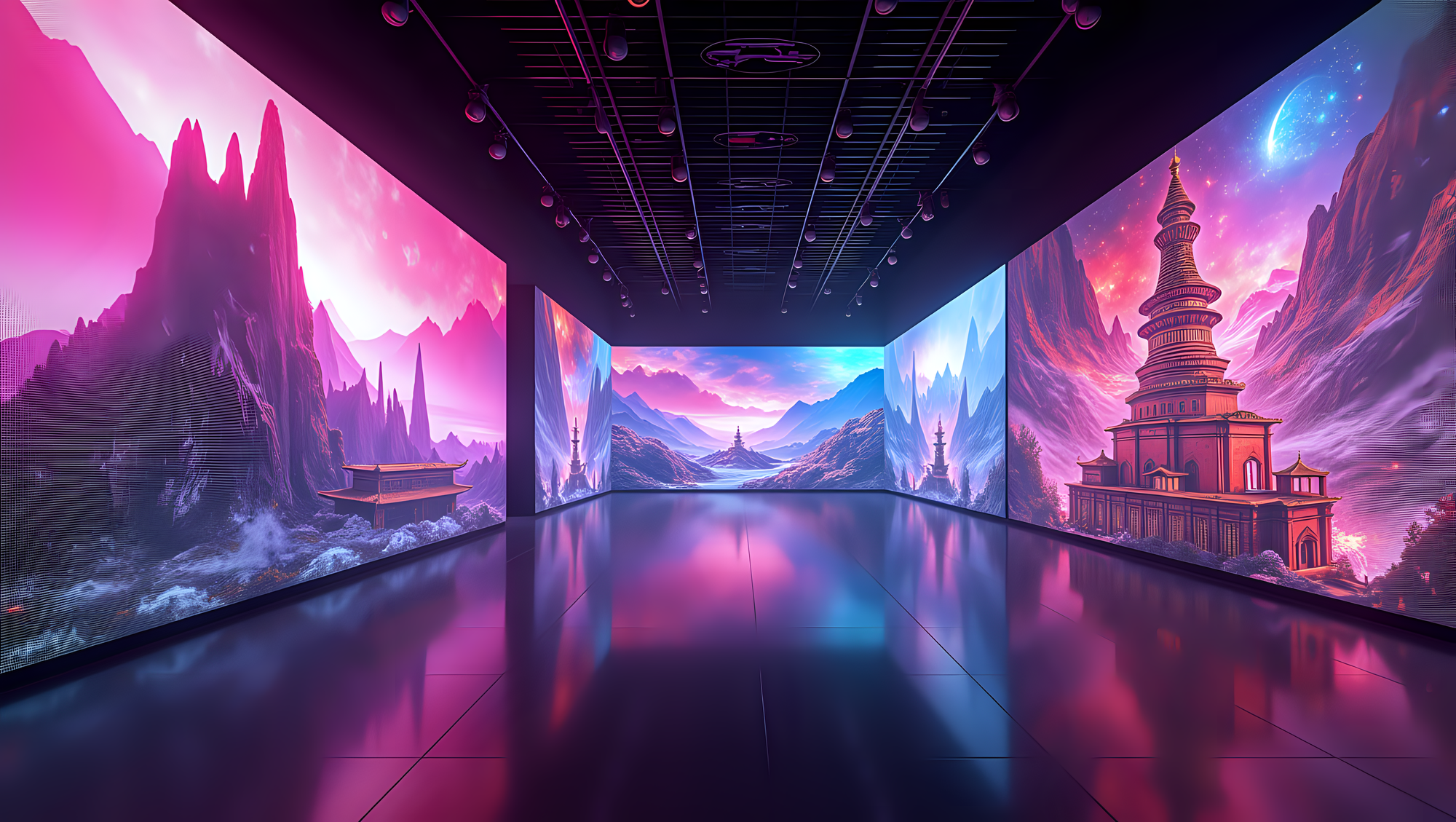 futuristic digital art gallery with walls lined with massive video screens
