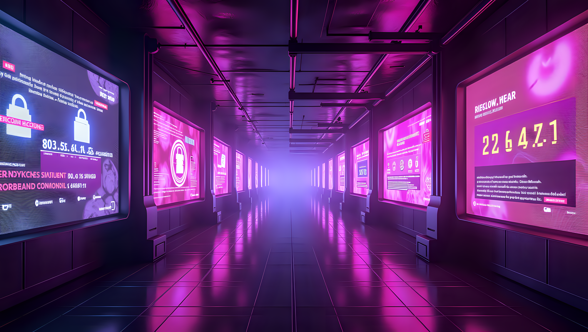 futuristic cyber market with neon-lit walls displaying massive video screens
