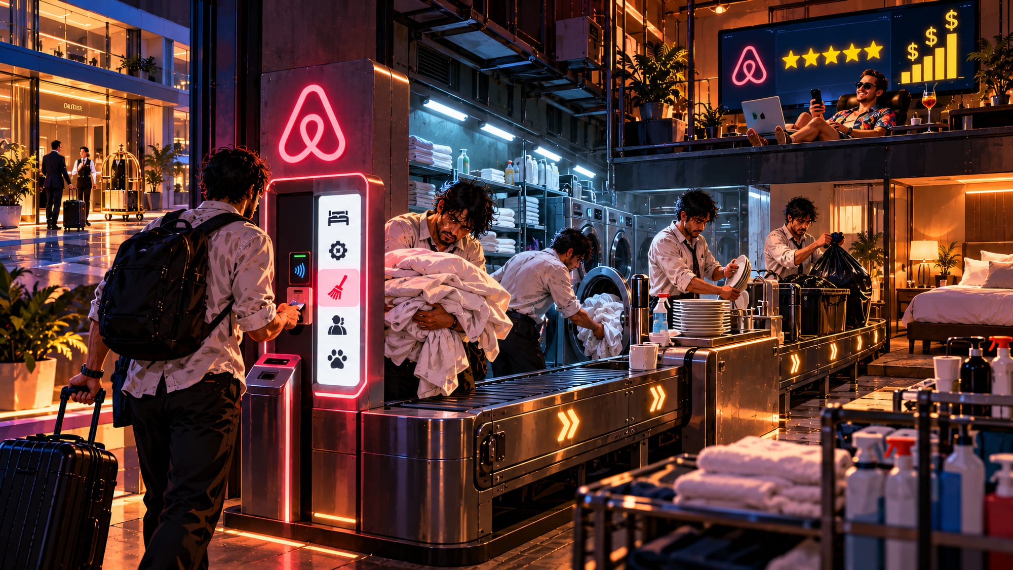 Airbnb guest transformed into unpaid housekeeping labor while the host collects revenue and the hotel next door provides staffed hospitality