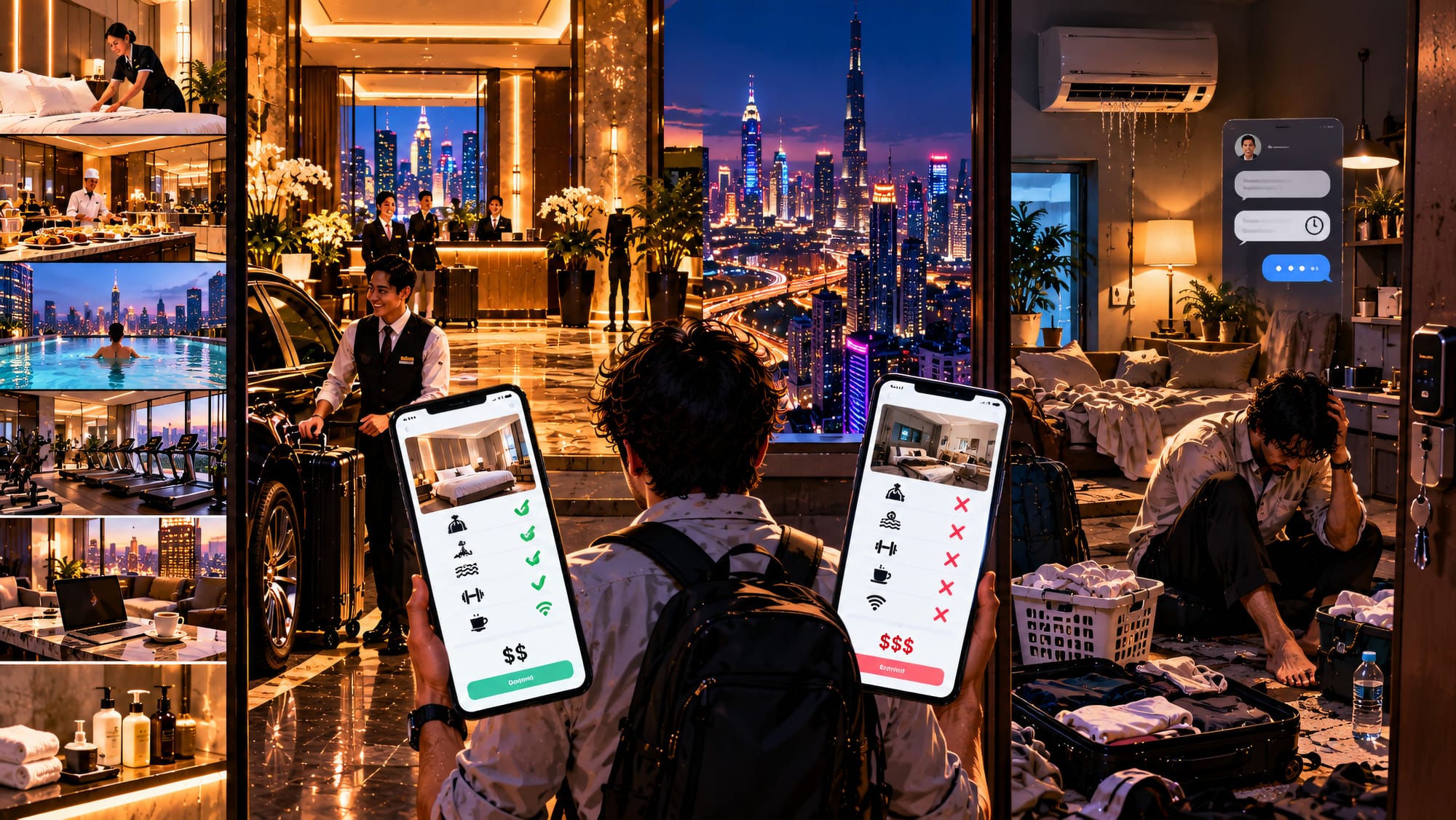 Traveler comparing a full-service hotel with a pricier short-term rental offering fewer amenities, less support, and more hassle