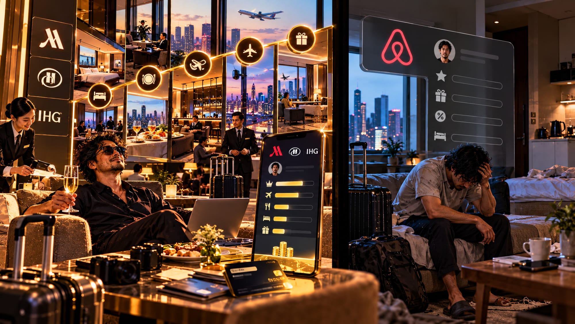 Frequent traveler gaining hotel loyalty upgrades, points, and free-night benefits while Airbnb stays remain isolated transactions with no comparable rewards ladder