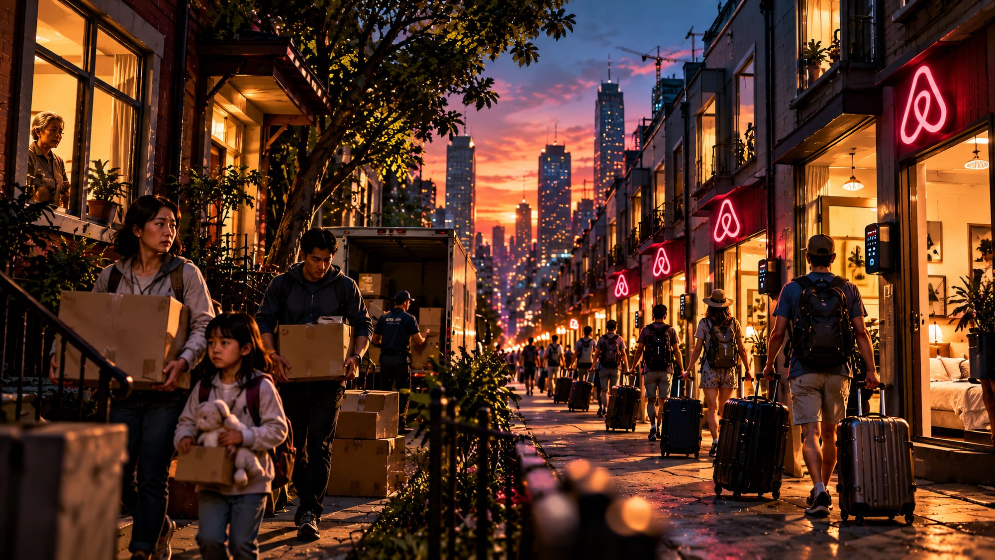 Airbnb-driven short-term rentals replacing neighborhood homes with tourist stays as local residents move out and rolling suitcases move in