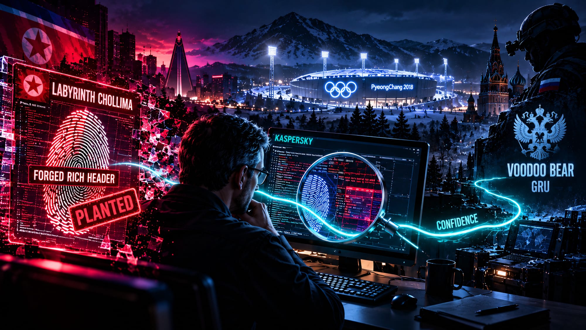 Olympic Destroyer attribution showing planted LABYRINTH CHOLLIMA evidence, Kaspersky analysis, and the VOODOO BEAR GRU trail