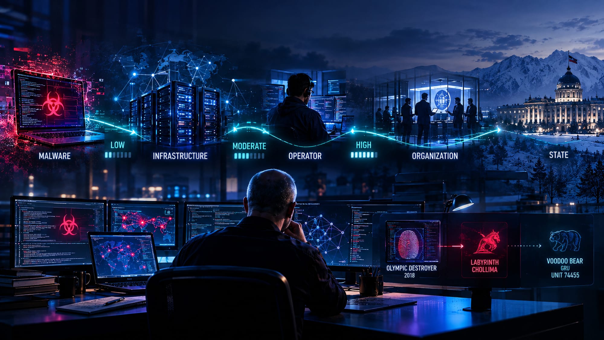 Cyber attribution chain showing confidence rising from malware and infrastructure to operator, organization, and state