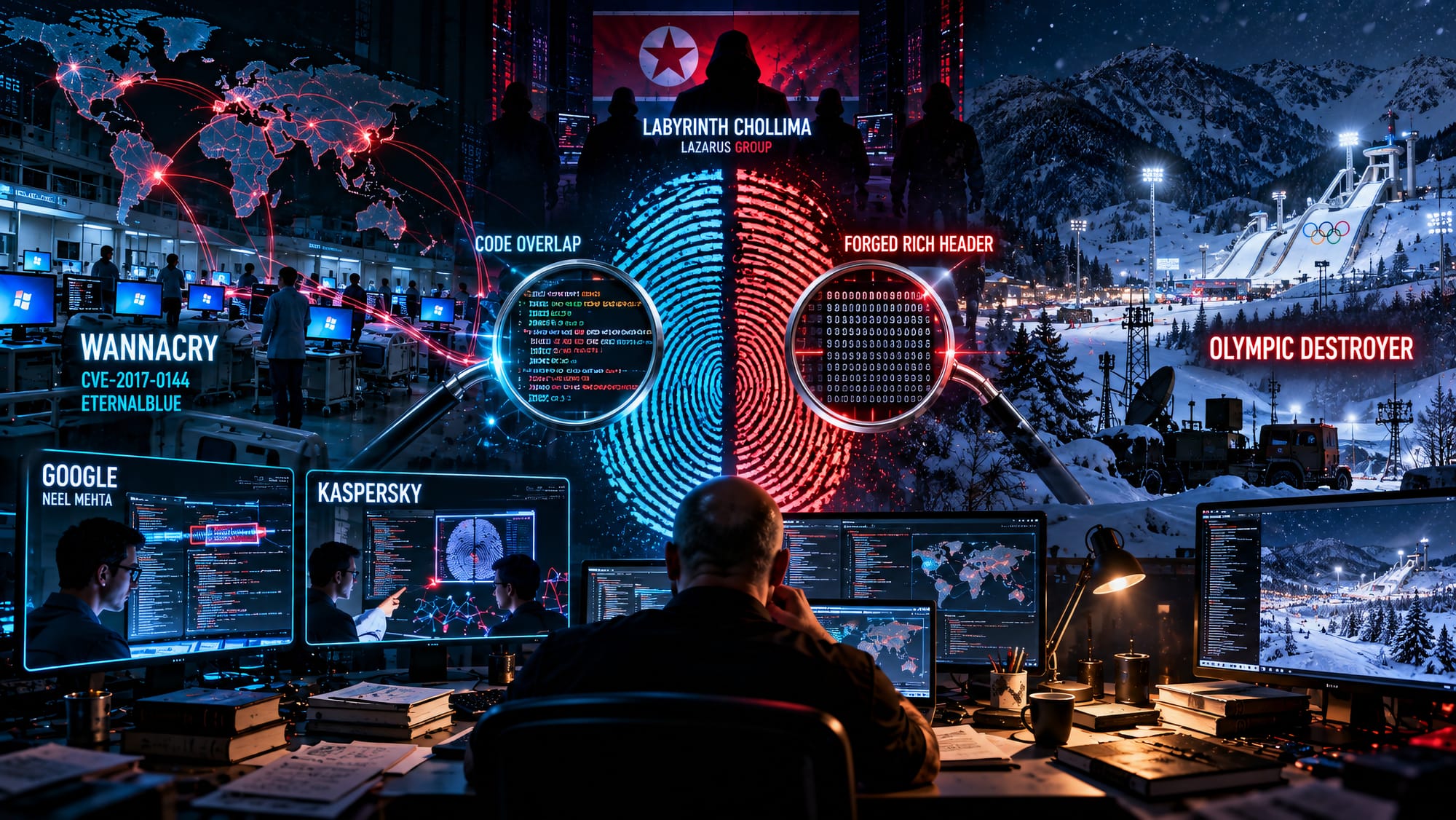 WannaCry and Olympic Destroyer forensic comparison showing genuine code overlap, forged evidence, and PyeongChang 2018 attribution analysis