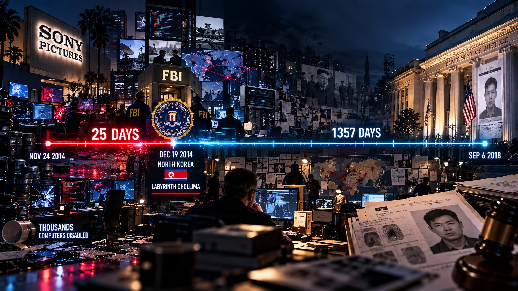 Sony Pictures cyberattack timeline from the 2014 FBI attribution to North Korea through the 2018 DOJ case against Park Jin Hyok