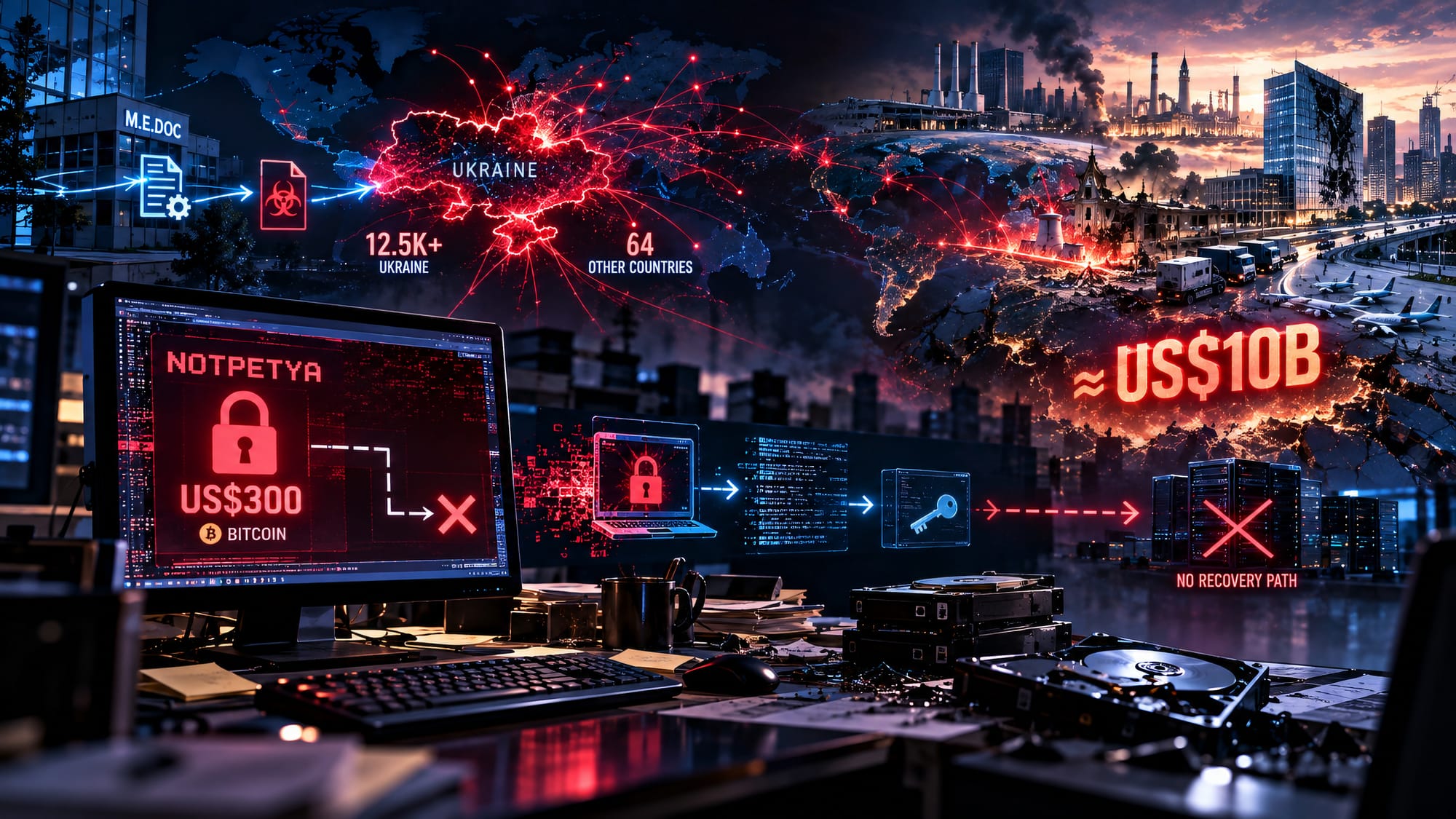 NotPetya ransomware disguise showing a US$300 Bitcoin demand, Ukraine-centered M.E.Doc spread, and nearly US$10B in global damage