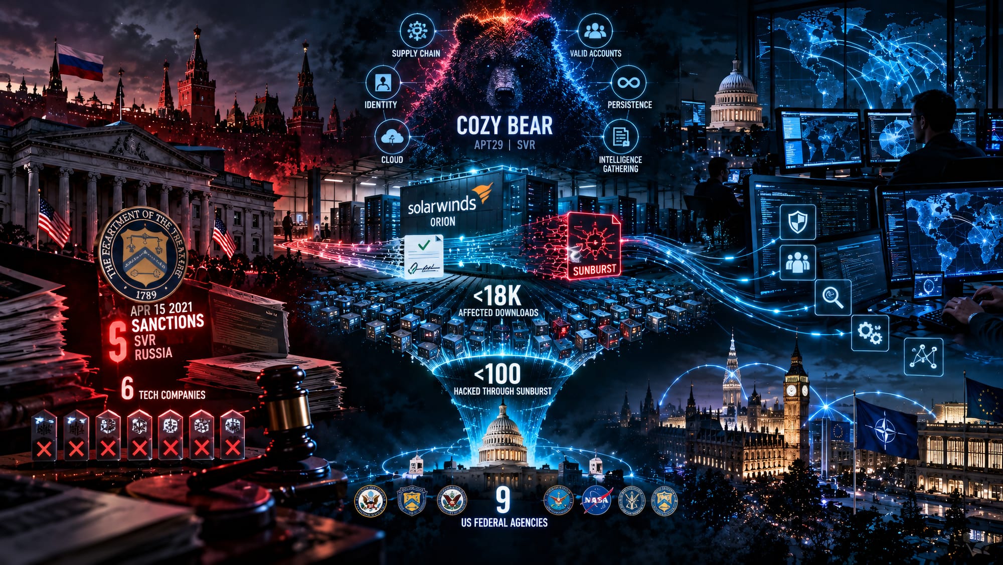 COZY BEAR SolarWinds campaign showing SUNBURST compromise, US sanctions, and defensive cloud and identity intelligence