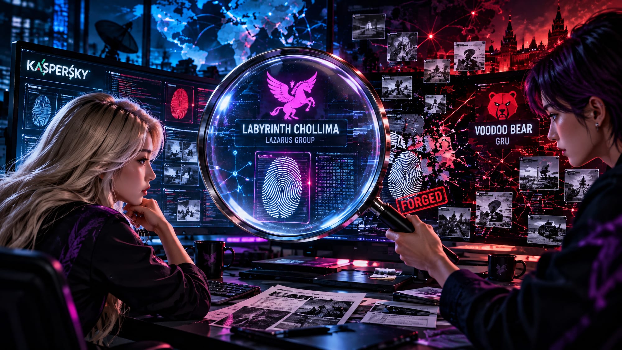 Olympic Destroyer attribution analysis showing a forged LABYRINTH CHOLLIMA fingerprint, Kaspersky review, and the true VOODOO BEAR GRU trail