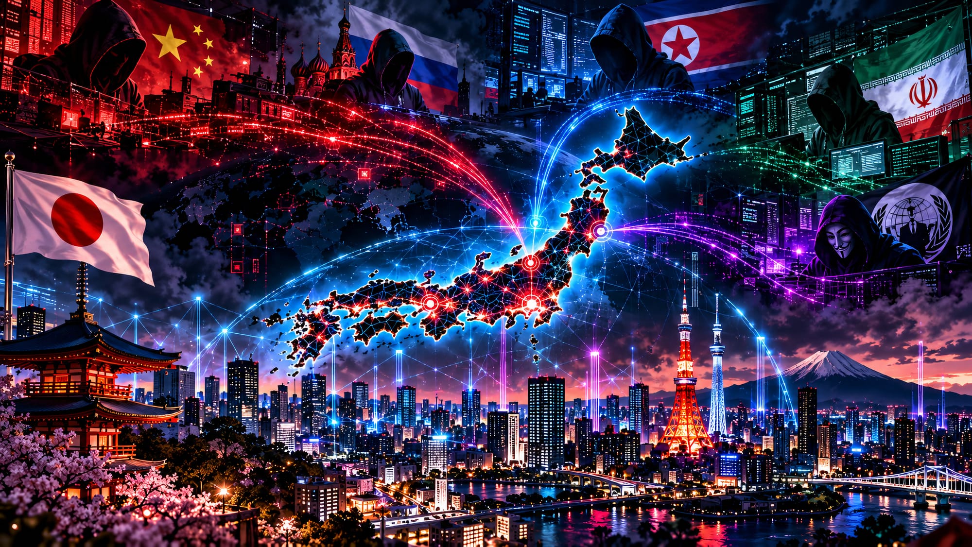 Japan under cyber threat from Nation State, eCrime, and hacktivist actors across a neon Tokyo skyline and digital network map