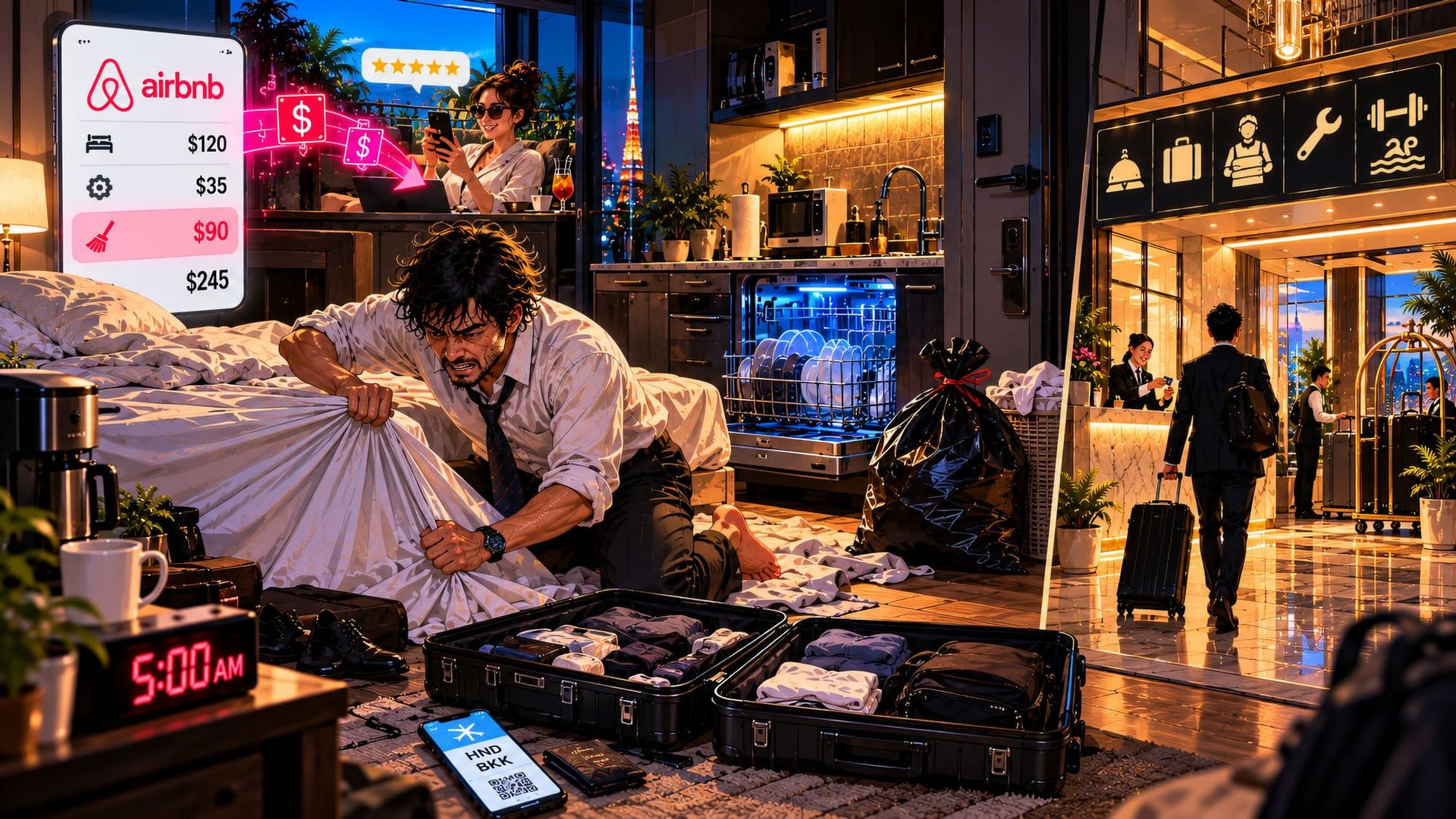 Airbnb guest doing 5 AM checkout chores despite a cleaning fee, contrasted with a fully staffed hotel experience