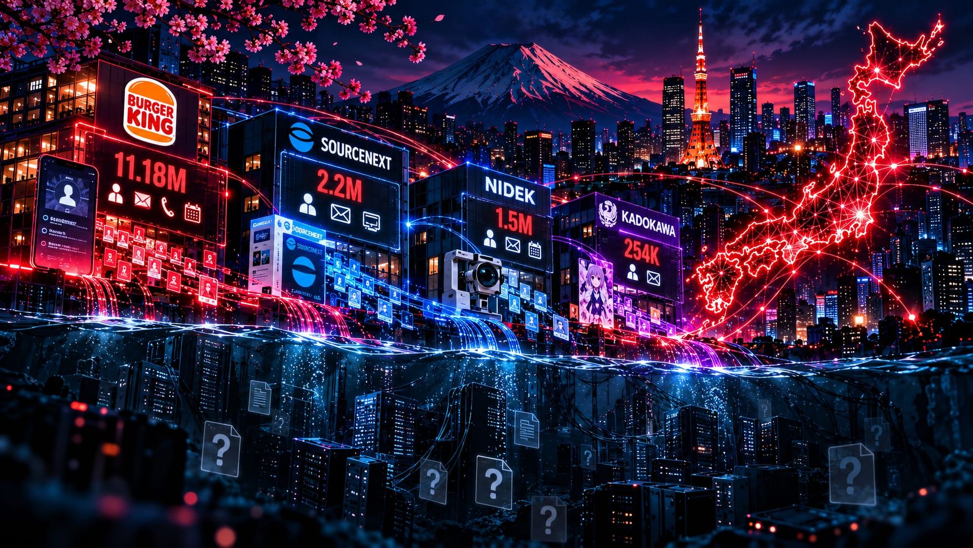Japan’s growing breach landscape with Burger King Japan, SourceNext, IDC Frontier, Osaka Metropolitan University, and hidden infrastructure beneath a neon national network map