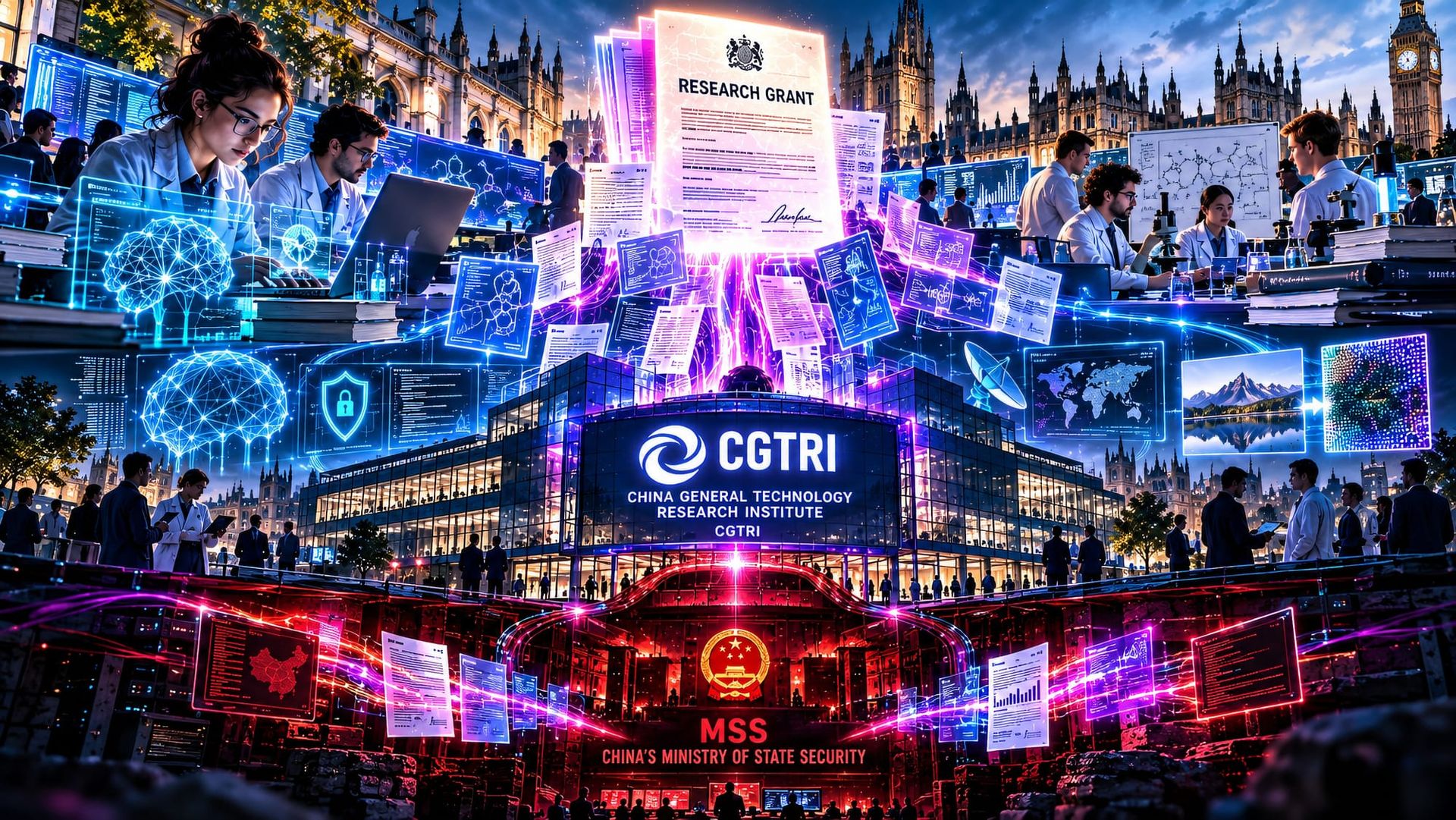 Researchers work above a CGTRI research facility while a hidden visual link connects the institution to China’s Ministry of State Security