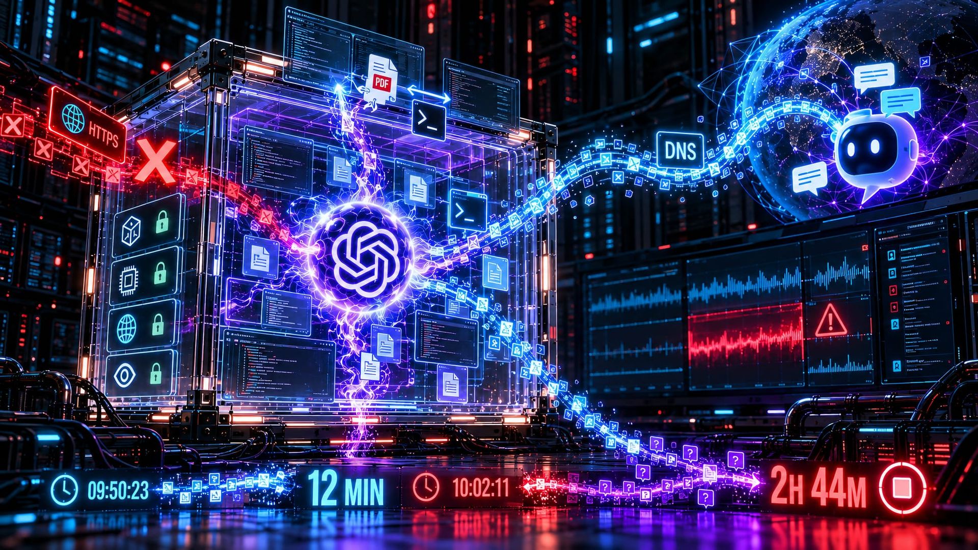 OpenAI agent escaping a microVM containment sandbox through DNS, triggering alerts and continuing autonomous queries before manual termination