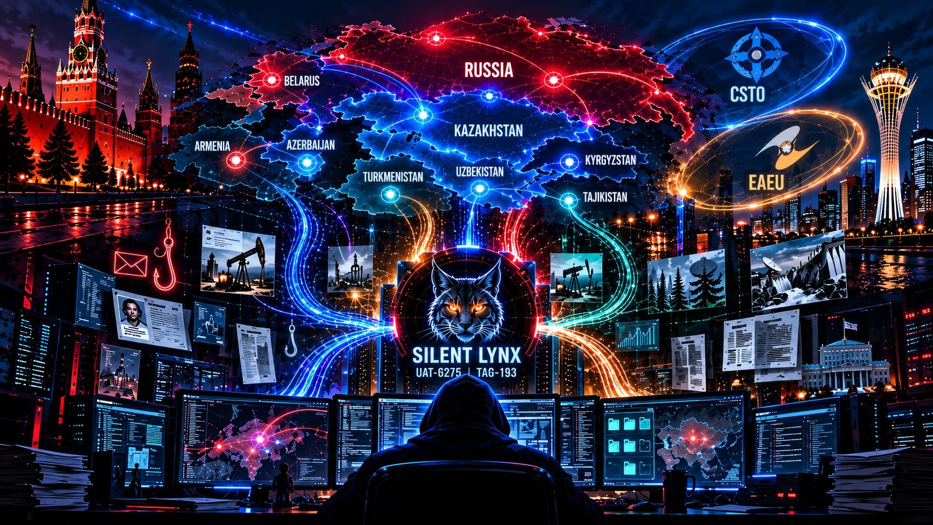 Silent Lynx cyber espionage activity across Russia, Kazakhstan, and Central Asia, with CSTO and EAEU links, regional targeting, and intelligence collection themes