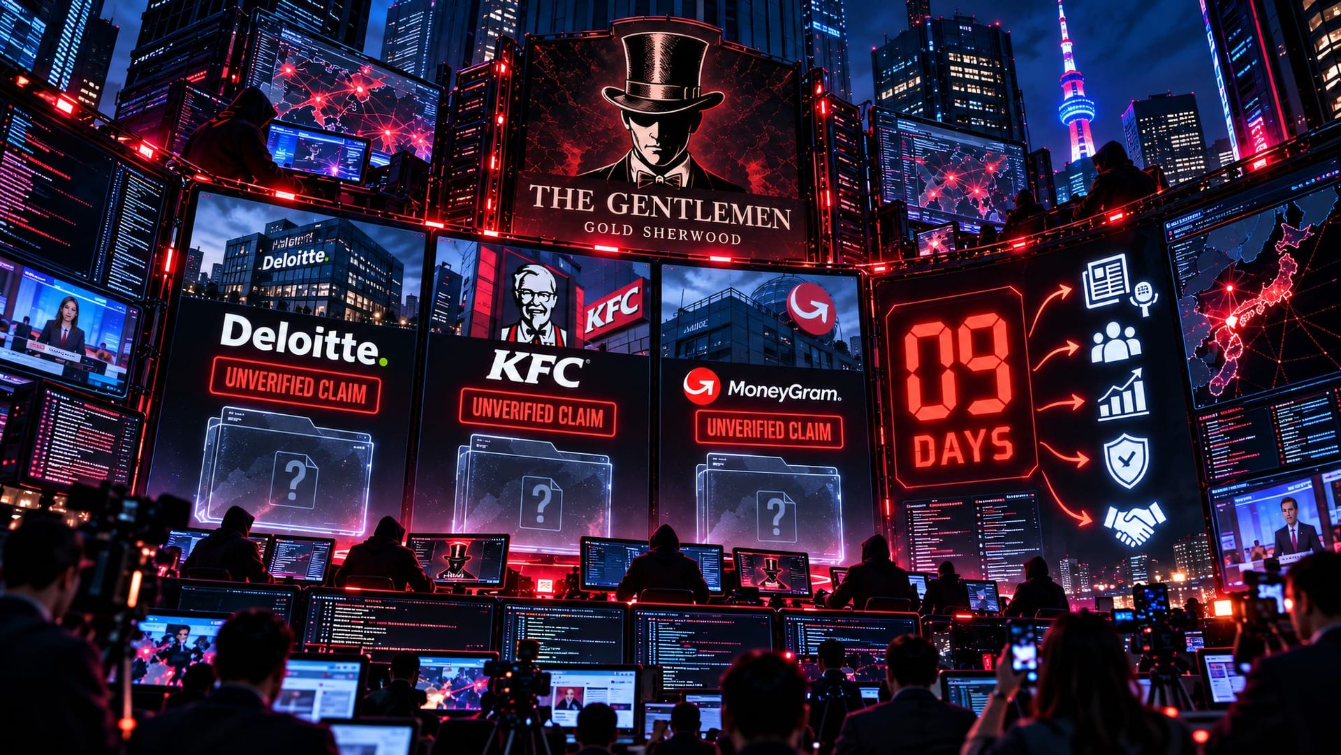 The Gentlemen ransomware leak site promoting unverified Deloitte, KFC, and MoneyGram claims with a nine day extortion countdown and media pressure imagery