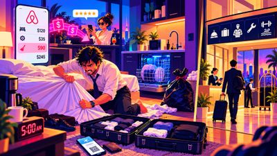 Airbnb guest doing 5 AM checkout chores despite a cleaning fee, contrasted with a fully staffed hotel experience