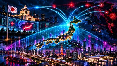 Japan cyber defense command center overlooking Tokyo with a glowing digital map of Japan, national infrastructure, and outbound cyber response paths