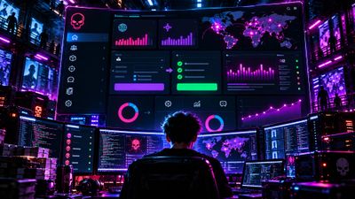 Neon cyberpunk ransomware command center with a young operator facing attack analytics, world maps, and multiple monitors