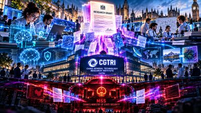 Researchers work above a CGTRI research facility while a hidden visual link connects the institution to China’s Ministry of State Security