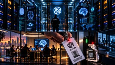 OpenAI security badge and concealed ESP32-S3 recording device inside a high-security AI lab and executive conference room, illustrating insider access and physical surveillance risk