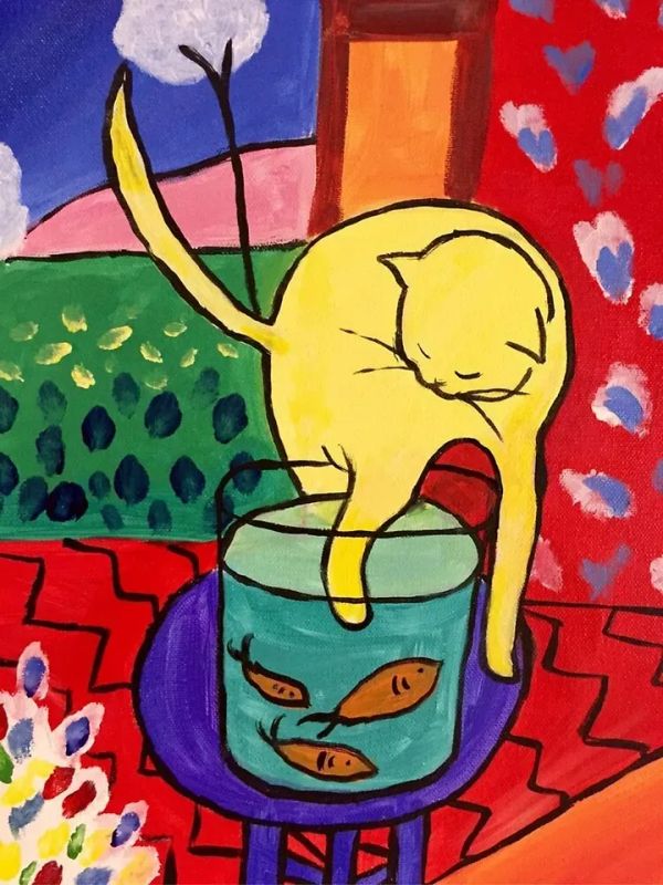 Henri Matisse's "Cat with Goldfish" painting, a cat playing with a bowl full of goldfish