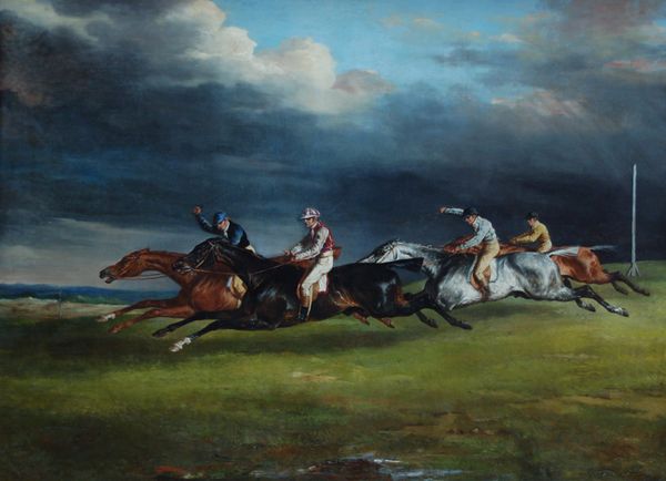 "The 1821 Derby at Epsom", by Théodore Géricault. Painting of a horse race