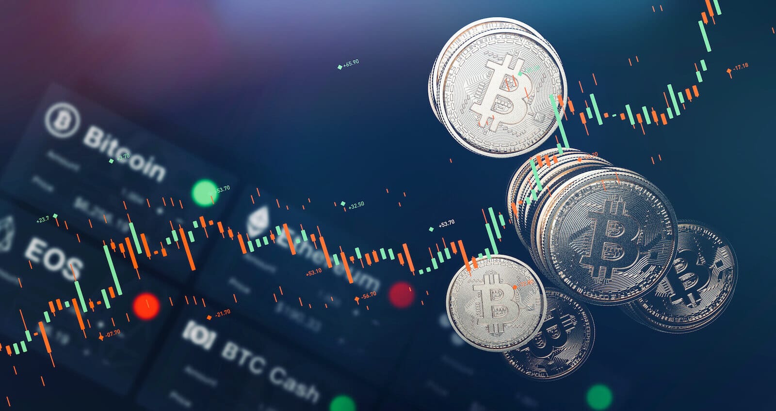 Image of bitcoin and other cryptocurrencies with a candlestick chart in the background