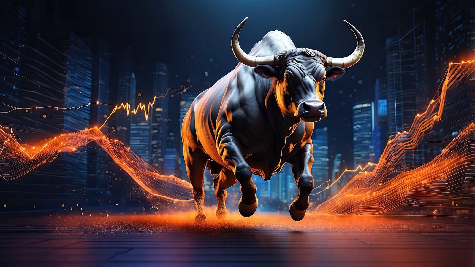Image of charging bull through charts