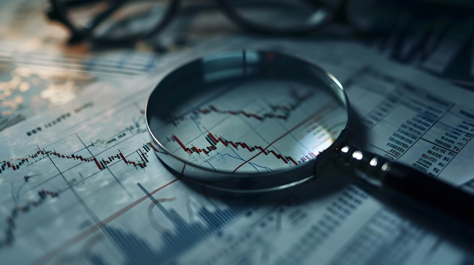 Magnifying glass placed on top of newspaper with stock market charts.