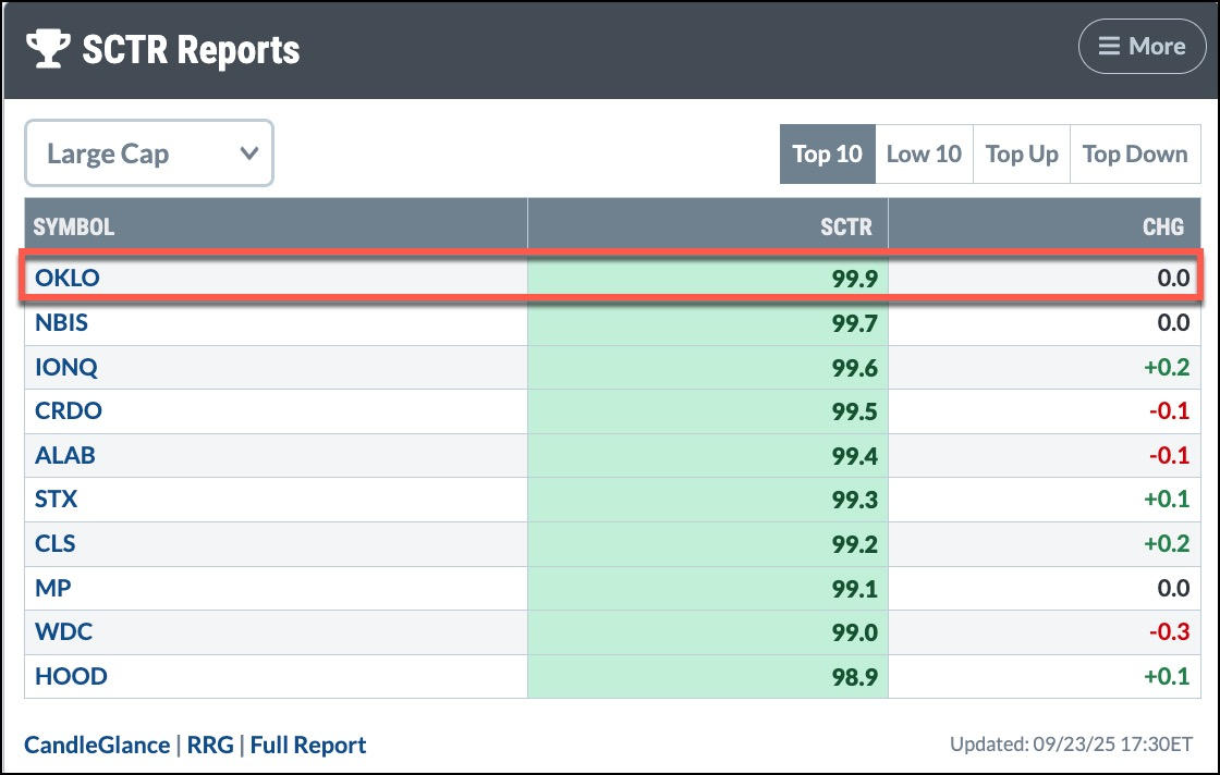 Daily SCTR Report from StockCharts showing the strongest stocks in the large cap category
