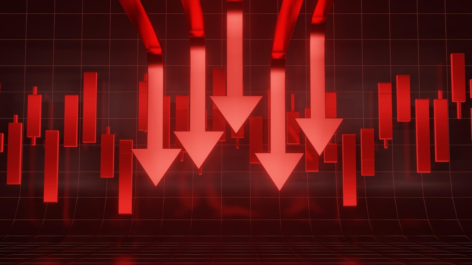 Candlestick chart with red arrows pointing down: market pullback
