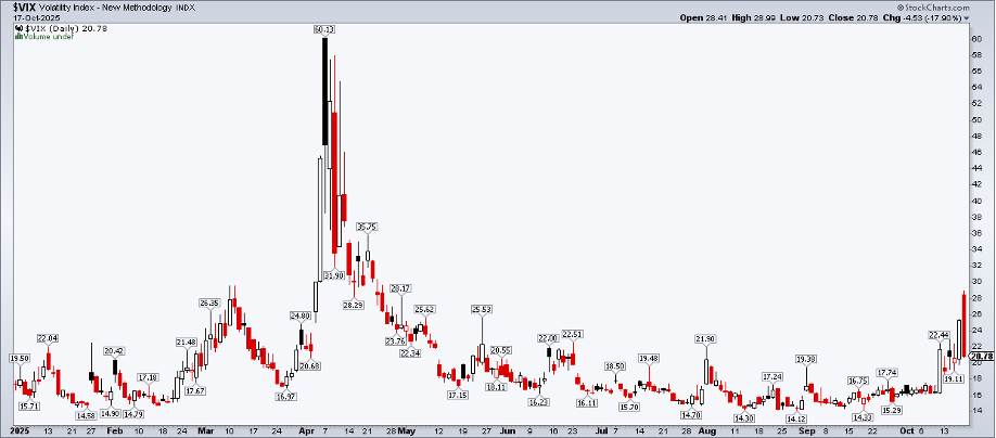 Daily chart of the VIX from StockCharts.com showing its recent spike