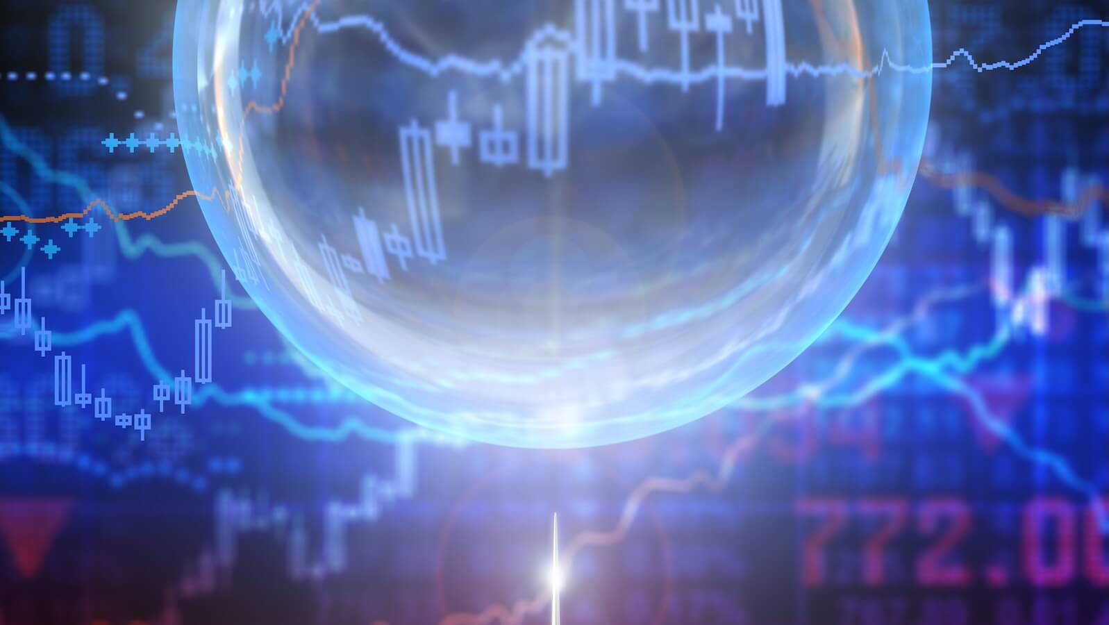 A bubble over a stock price chart with a pin close to popping it