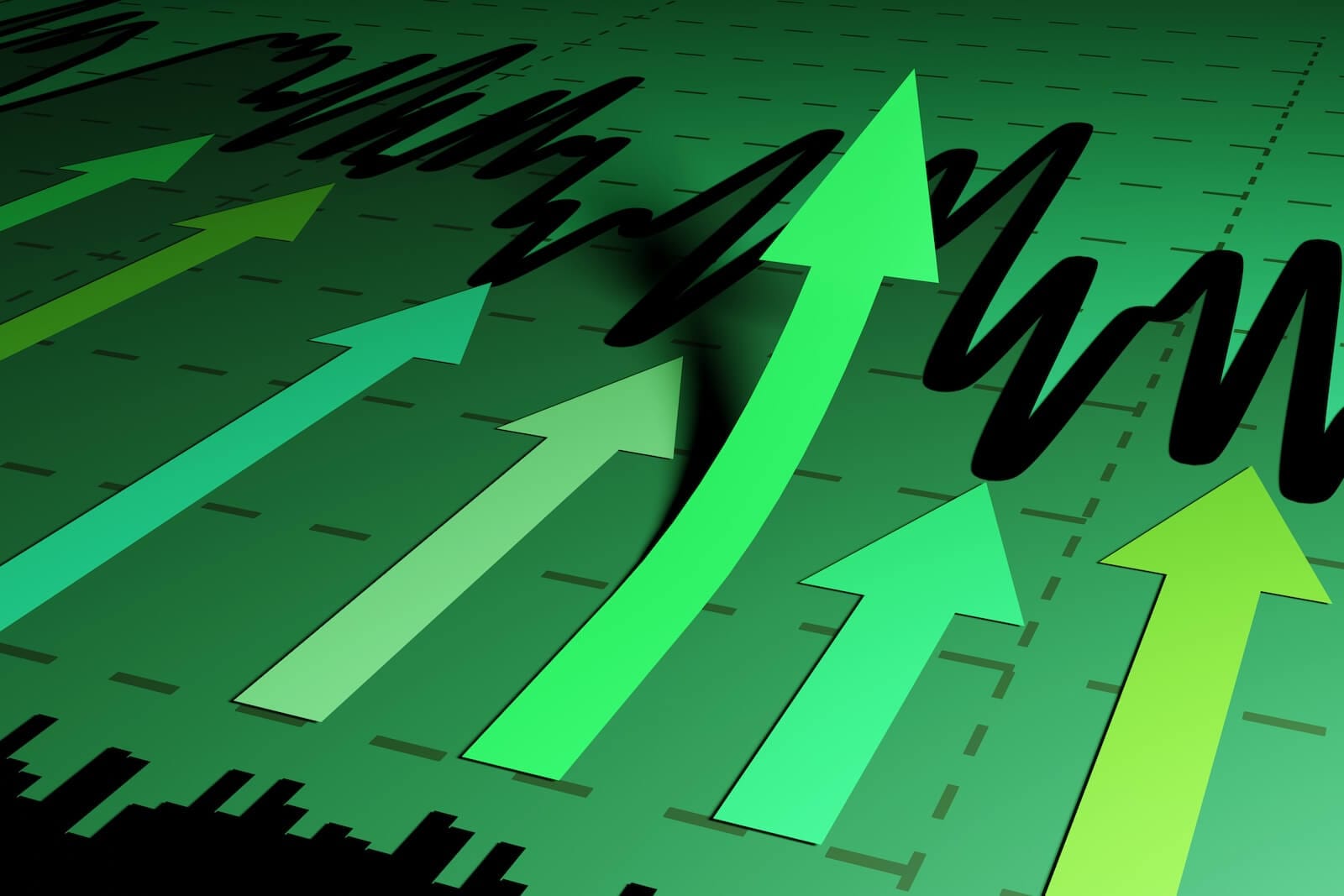 Arrows pointing in one direction with one moving up more