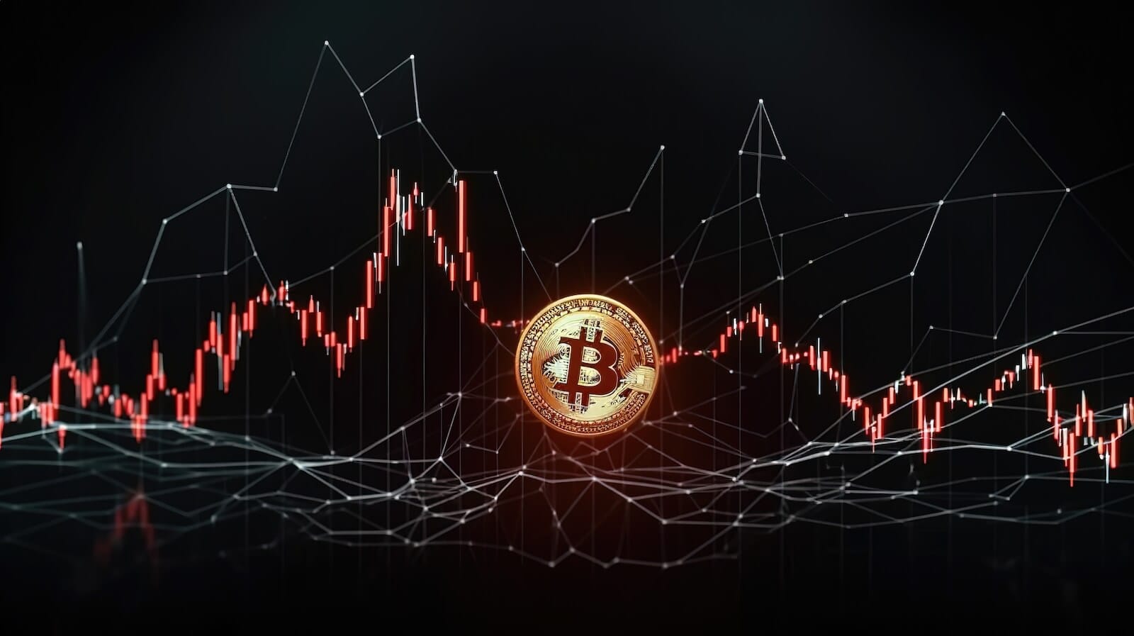 Candlestick chart with down candles and a bitcoin indicating Bitcoin price is falling