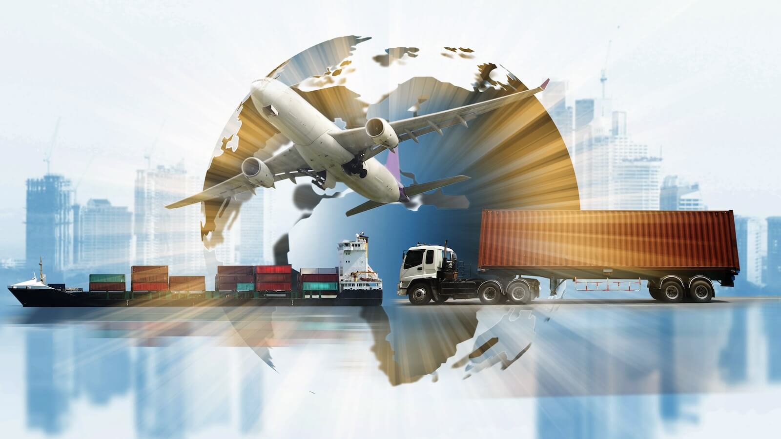 Digital image of plane, ship, trucks: Dow Transports