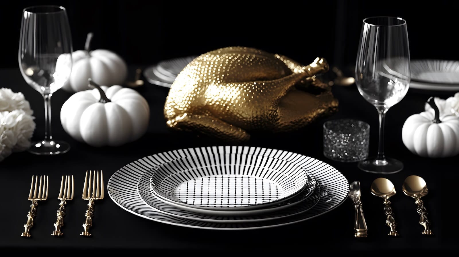 Elegant table setting with gold turkey as the centerpiece and black and white tableware