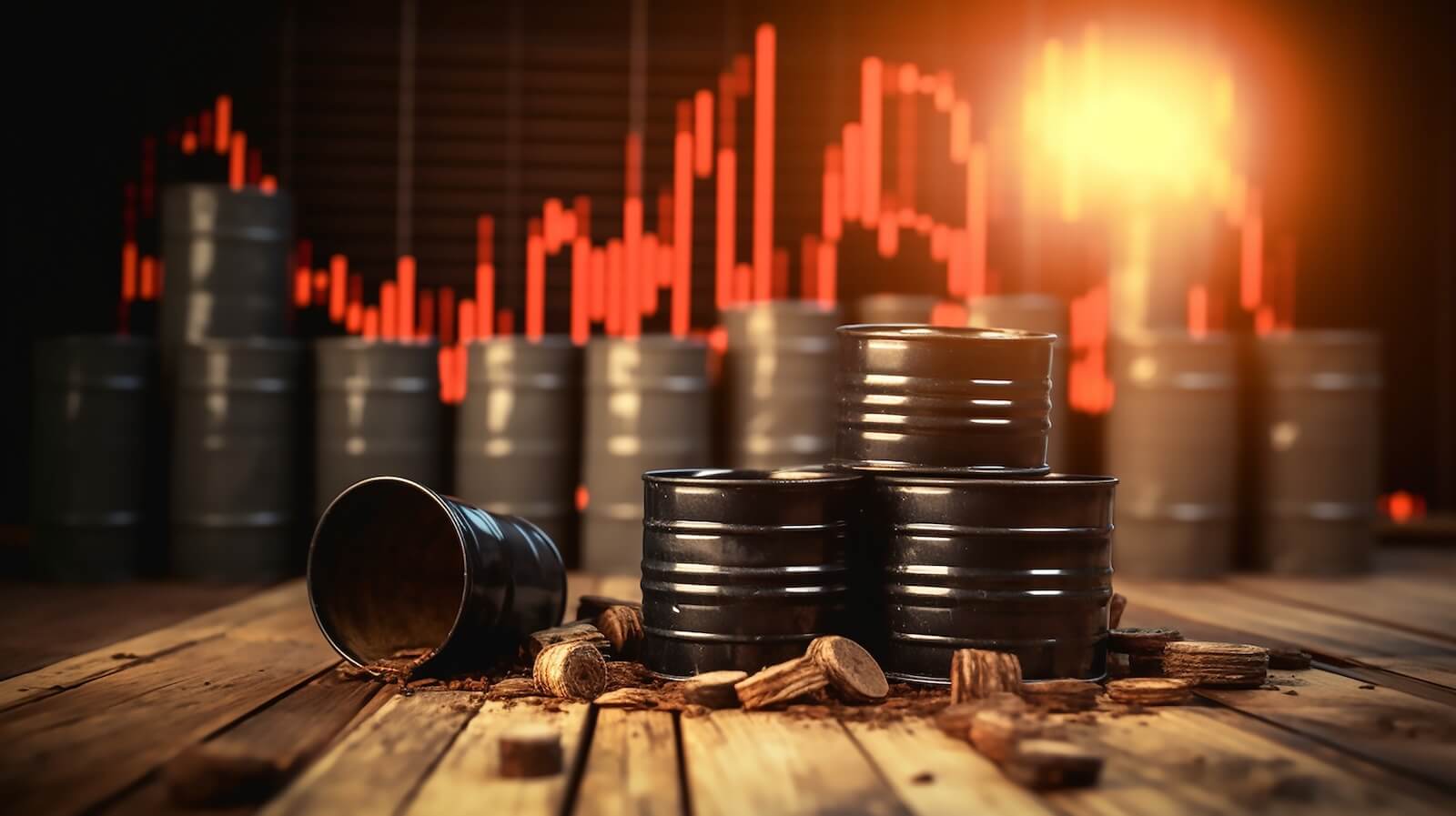 Oil barrels with chart of stock prices in background