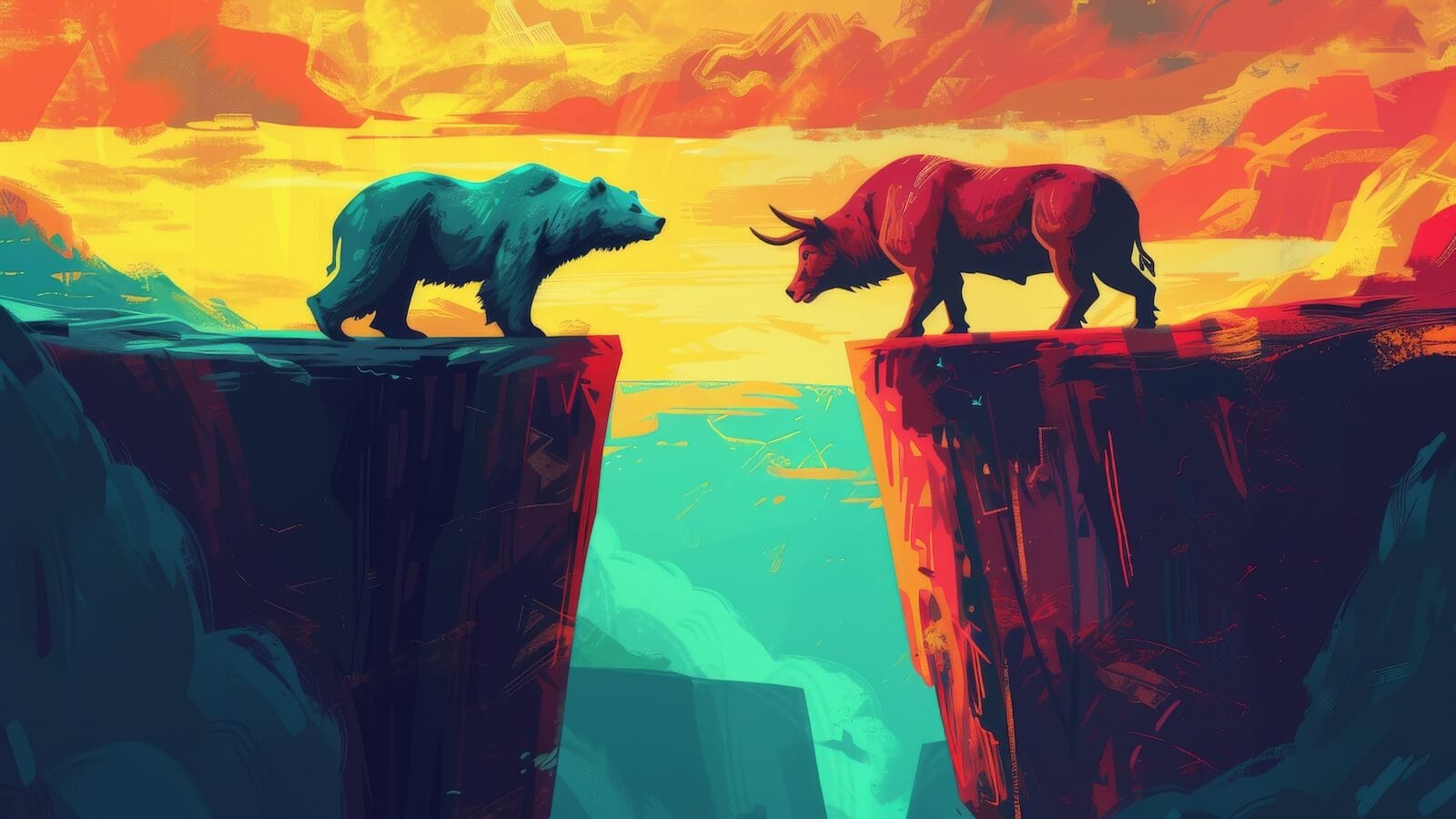 Bear and bull face off on cliffs with narrow chasm between them