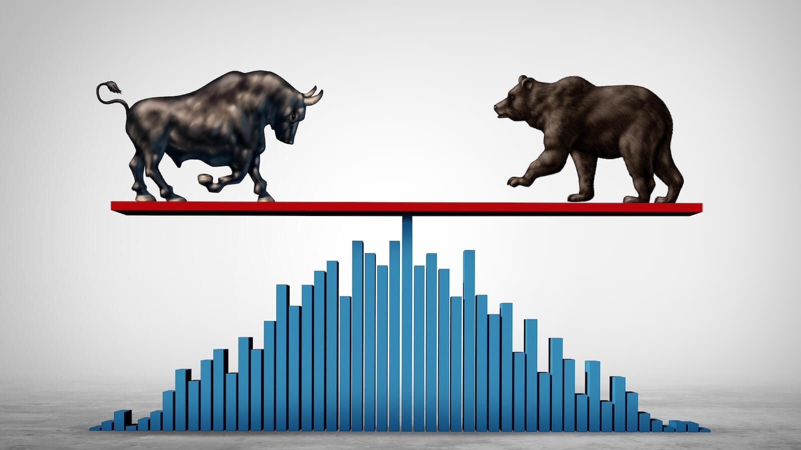 Bull and bear on see saw balanced by bar charts