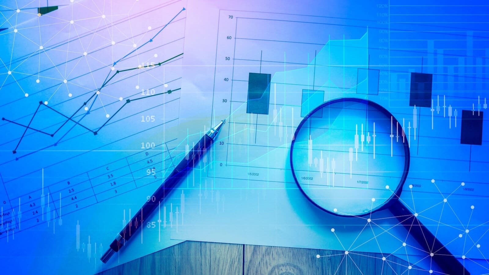 AI generated image of papers with charts, a pen, and magnifying glass on desk