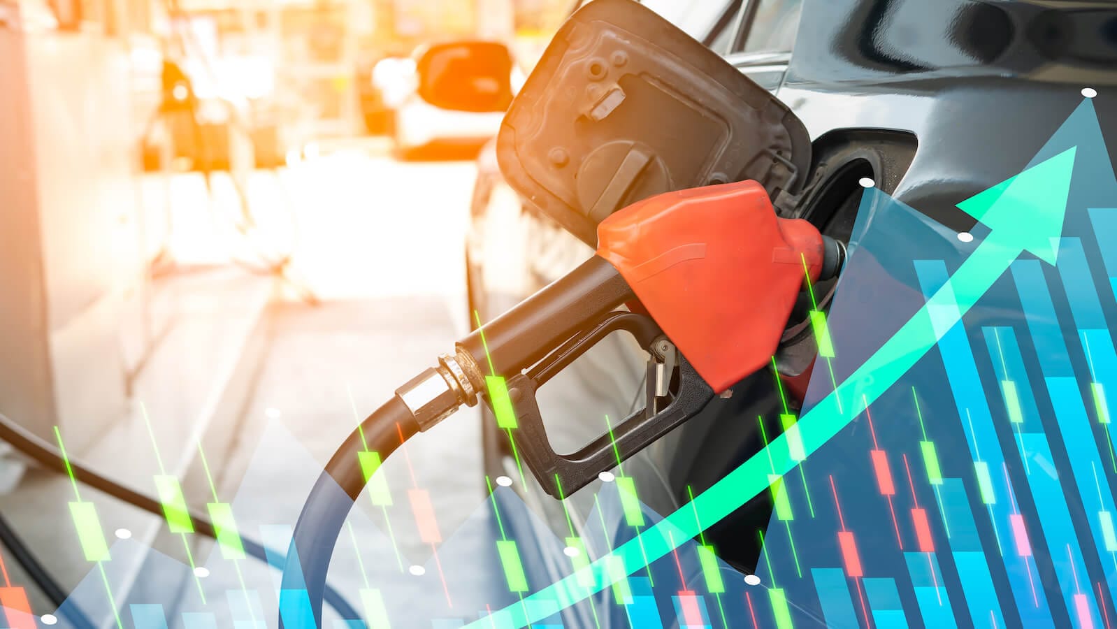Car at gas pump with price chart in foreground