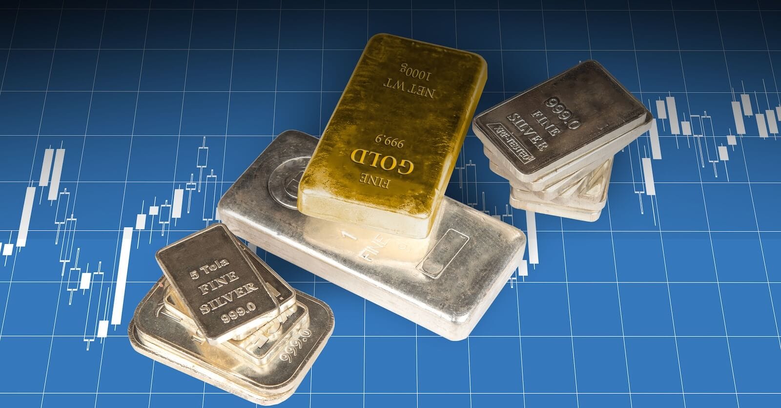 Gold and silver bars placed on price chart