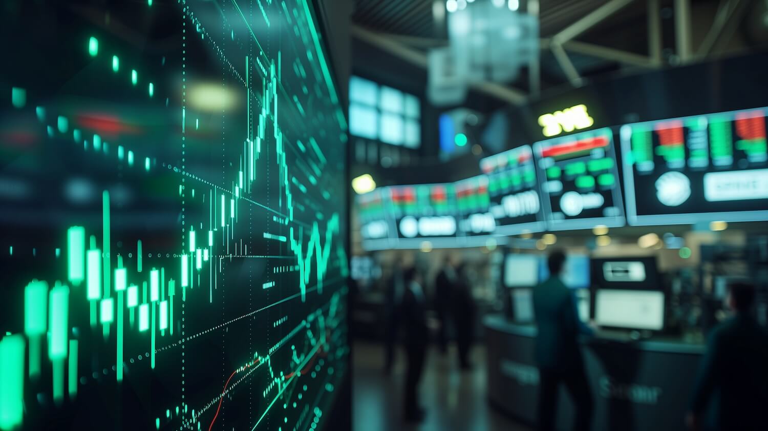 Stock market floor with charts and screens