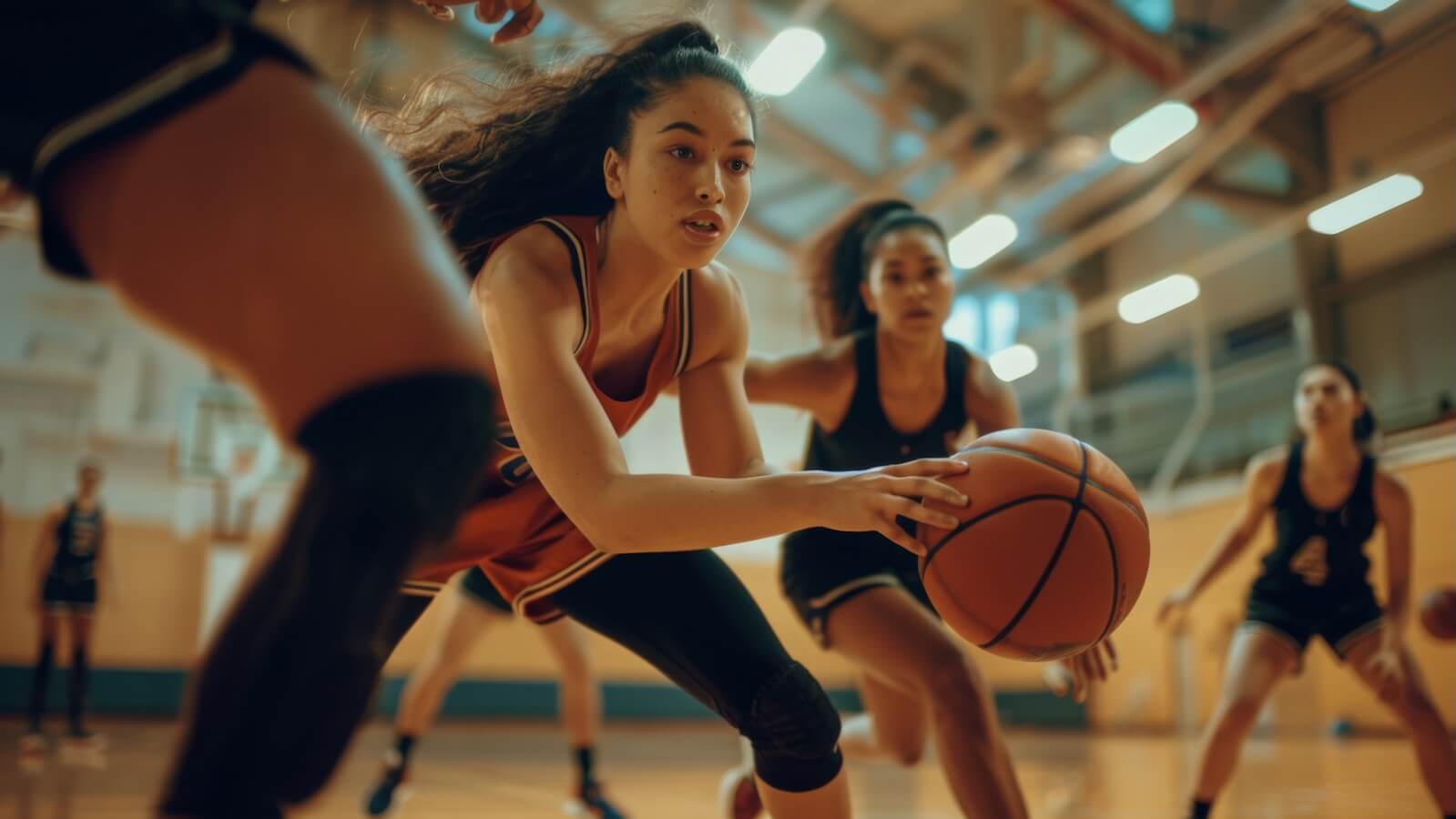 Women playing basketball: defense strategy