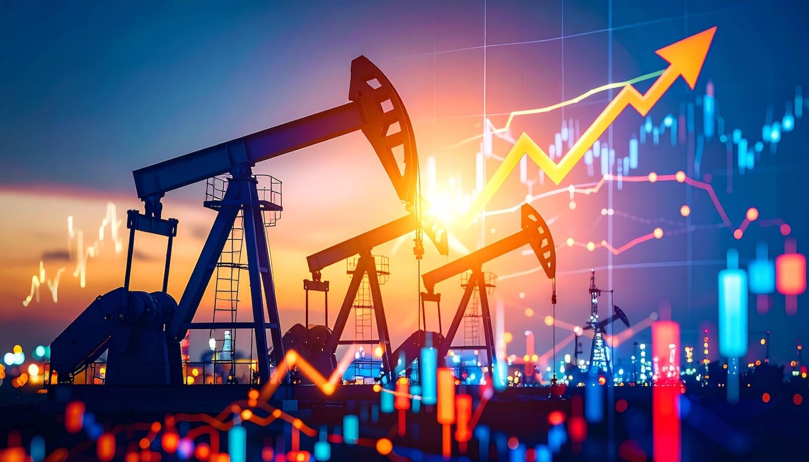 Image of oil rigs with price chart in background